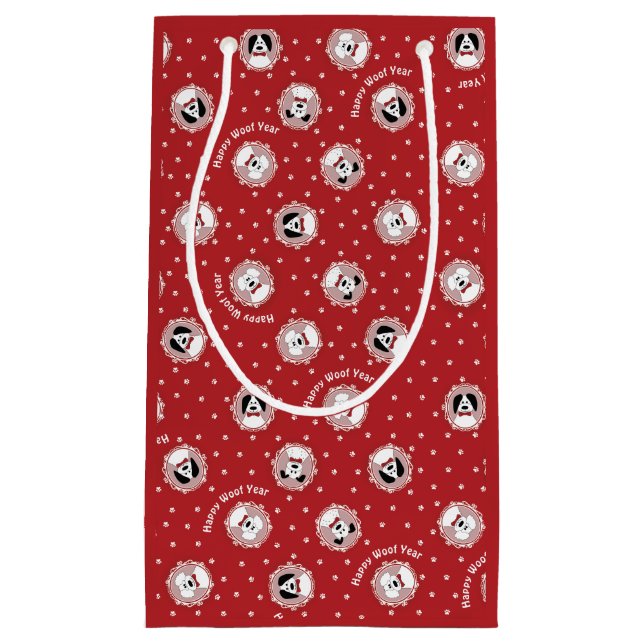 Sacola Para Presentes Pequena Cachorro "Feliz Ano de Woof" (Frente)