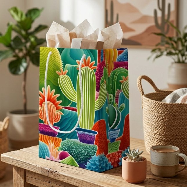 Sacola Para Presentes Pequena Cactos em Vasos Abstratos (Criador carregado)