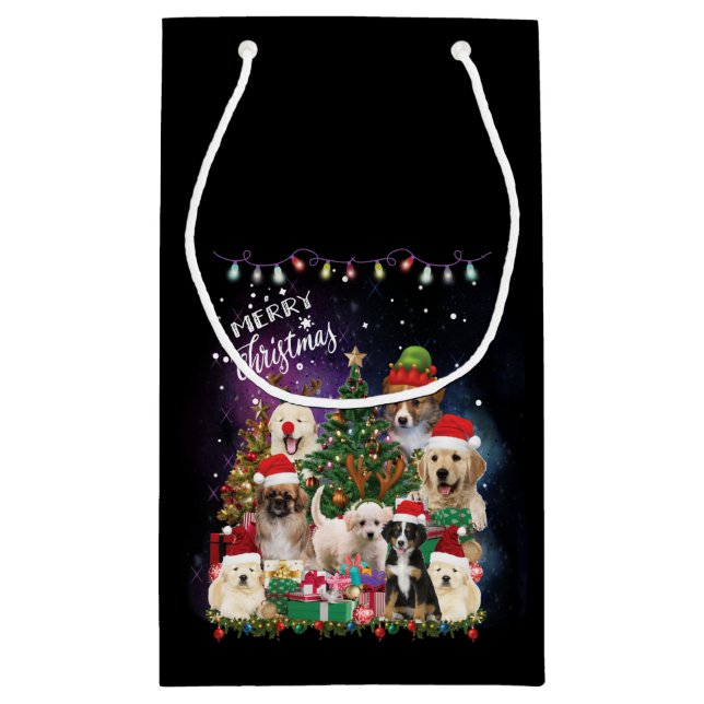 Sacola Para Presentes Pequena Cães Feliz Natal Luz (Verso)