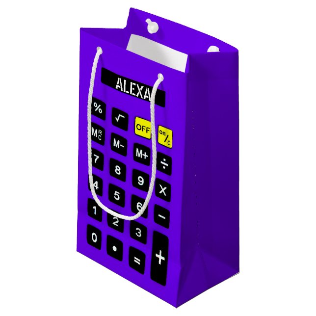 Sacola Para Presentes Pequena Calculadora de Aniversário Roxo (Frente inclinada)