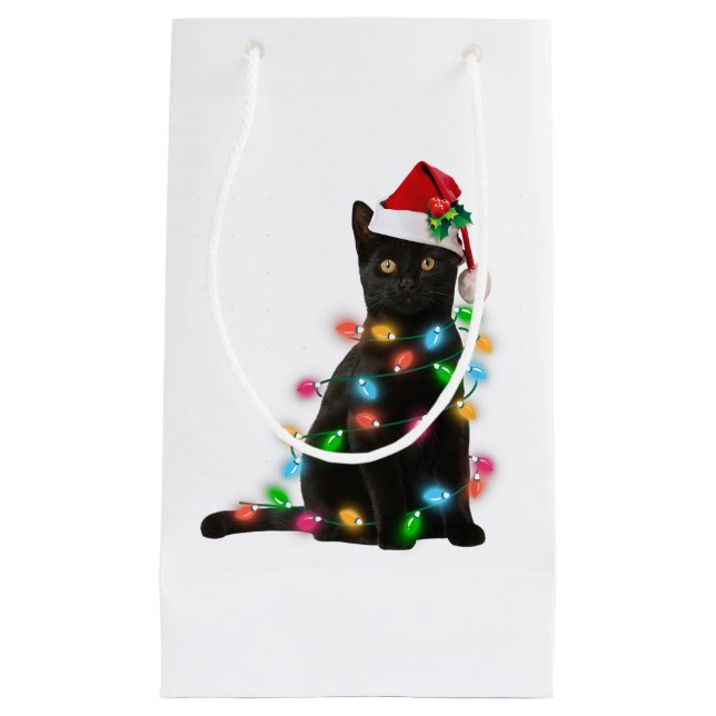 Sacola Para Presentes Pequena Camisa clara de natal de Gato Negro, amante de gat (Frente)