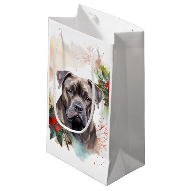 Sacola Para Presentes Pequena Cane Corso Christmas Wreath Festivo Pup (Frente inclinada)