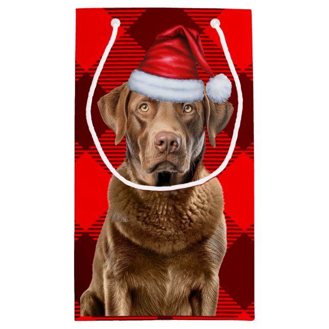 Sacola Para Presentes Pequena Cão de Natal da Baía de Chesapeake, Xadrez de Buff (Verso)