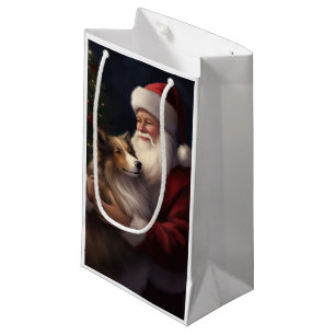 Sacola Para Presentes Pequena Cão de Pastoreio Shetland Papai Noel Natal Festivo