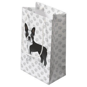 Sacola Para Presentes Pequena Cão e patas de Cartoon Black and White Boston Ter