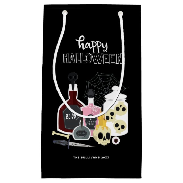 Sacola Para Presentes Pequena Capacetes e poções Ilustrações Felizes Halloween (Frente)