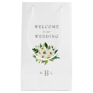 Sacola Para Presentes Pequena Casamento Branco Elegante Monograma Floral Branco