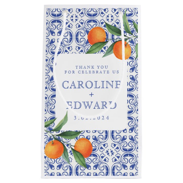 Sacola Para Presentes Pequena Casamento com Bluetile Mediterrânica Watercolor (Frente)