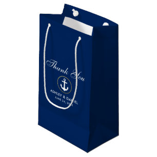 Sacola Para Presentes Pequena Casamento Dourado Azul Náutico Obrigado