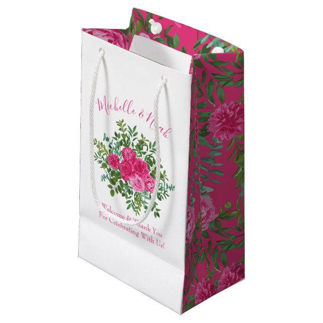 Sacola Para Presentes Pequena Casamento Floral Rosa Brilhante (Frente inclinada)