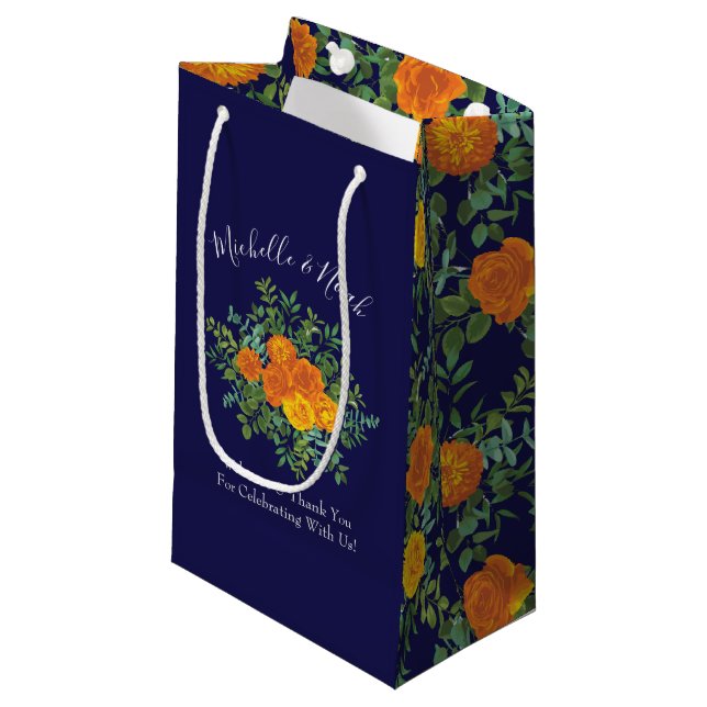 Sacola Para Presentes Pequena Casamento Moderno Floral Rosa Azul e Laranja (Frente inclinada)