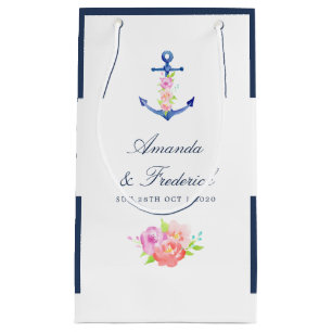 Sacola Para Presentes Pequena Casamento Náutico Floral Por Aquarela Obrigado