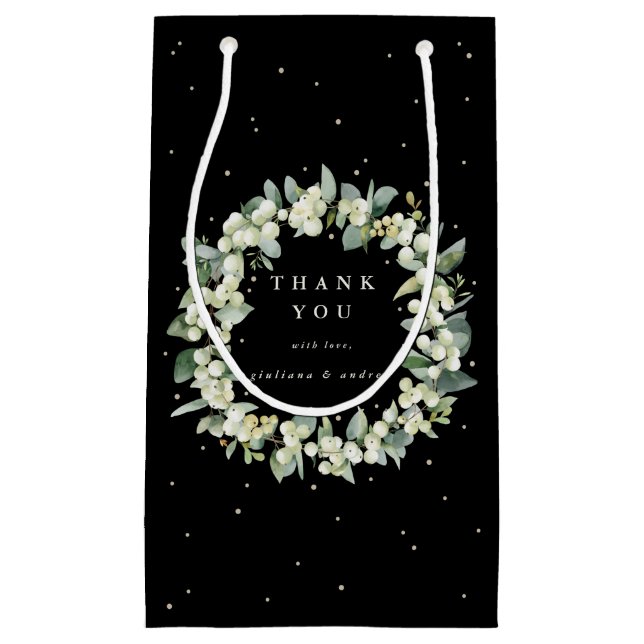 Sacola Para Presentes Pequena Casamento no inverno Elegante Black Snowberry+Euca (Frente)