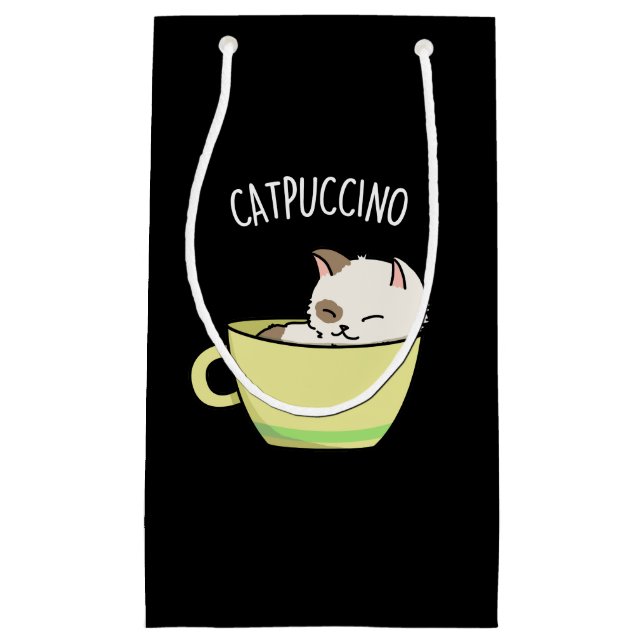 Sacola Para Presentes Pequena Catpuccino Gato Gatinho Engraçado Na Taça Pun Dark (Frente)