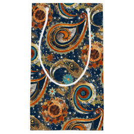 Sacola Para Presentes Pequena Celestial Paisley Patterno Azul, Laranja, Dourado