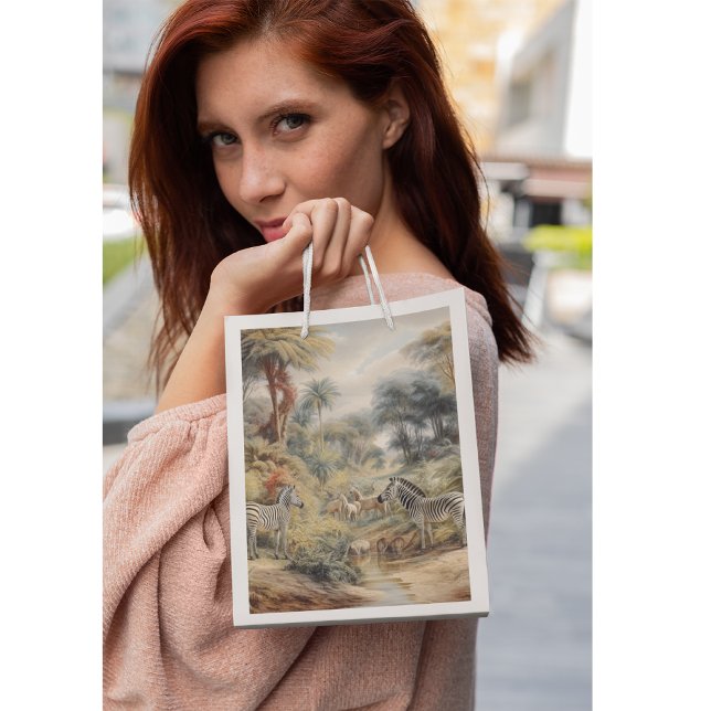 Sacola Para Presentes Pequena Cenário botânico de zebras e leões em oásis (Criador carregado)