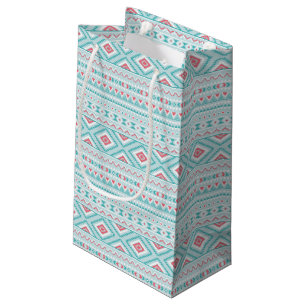 Sacola Para Presentes Pequena Cerceta e teste padrão tribal asteca cor-de-rosa