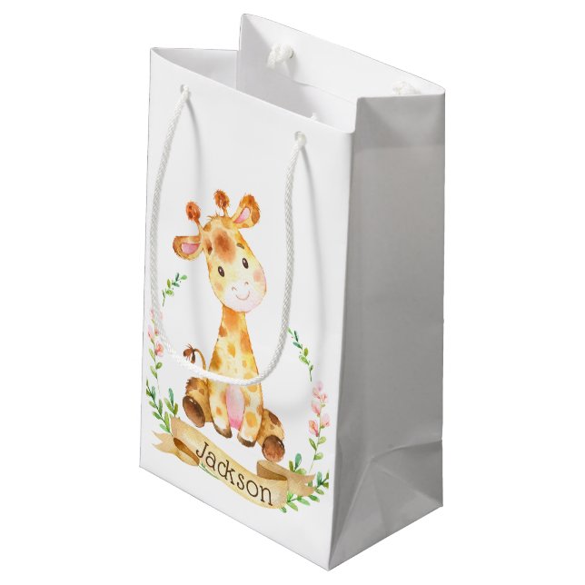Sacola Para Presentes Pequena Chá de Bebê Personalizado da Girafa (Verso inclinado)