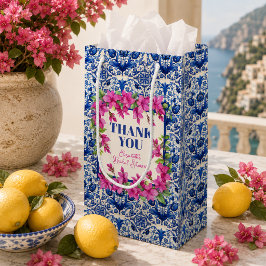 Sacola Para Presentes Pequena Chá de Bebê Rosa Bougainvillea Azulejo Azul