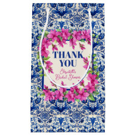 Sacola Para Presentes Pequena Chá de Bebê Rosa Bougainvillea Azulejo Azul