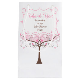 Sacola Para Presentes Pequena Chá de fraldas de pássaros rosa e Cinza, obrigado