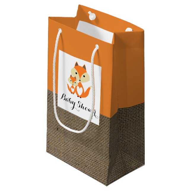 Sacola Para Presentes Pequena Chá de fraldas Laranja Fox Burlap (Frente inclinada)