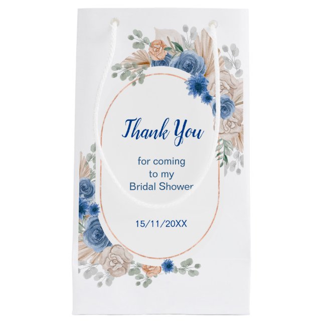 Sacola Para Presentes Pequena Chá de Noiva Boho Blue com Grama de Pampas (Frente)