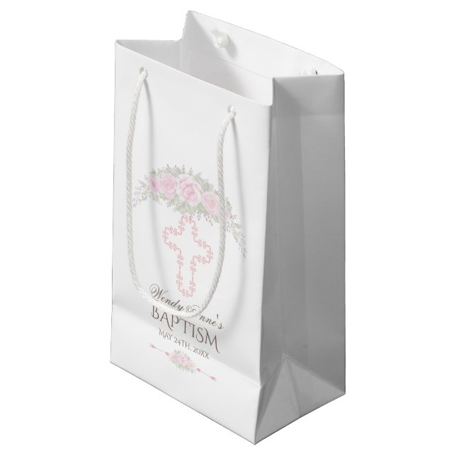Sacola Para Presentes Pequena Chic Blush Rosa Garden Floral Girl Christening (Frente inclinada)