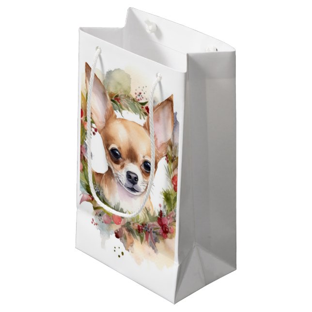 Sacola Para Presentes Pequena Chihuahua Christmas Wreath Festivo Pup (Frente inclinada)