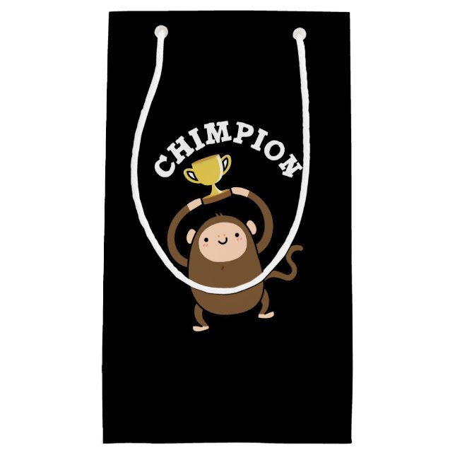 Sacola Para Presentes Pequena Chimpion Funny Champion Chimpanzee Pun Dark BG (Frente)