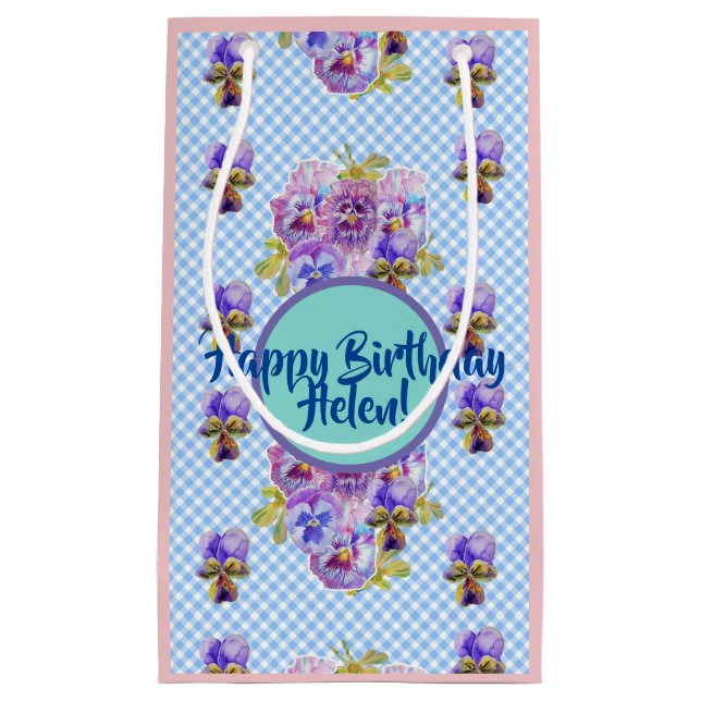 Sacola Para Presentes Pequena Chique Azul Gingham flores Floral Gift Bag (Frente)