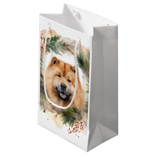 Sacola Para Presentes Pequena Chow Chow Wreath de Natal Festivo (Frente inclinada)