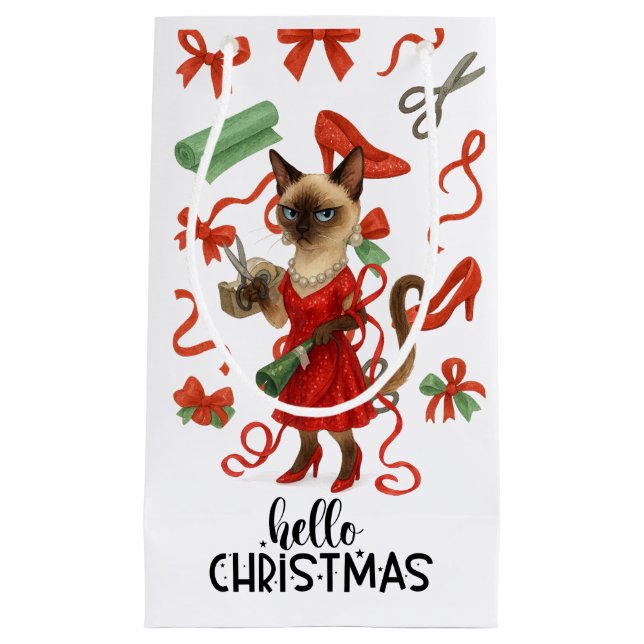 Sacola Para Presentes Pequena Christmas Funny Glam Siamese Cat Holiday  (Frente)
