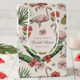 Sacola Para Presentes Pequena Chuva de Noiva Tropical Rosa Flamingo e Hibisco
