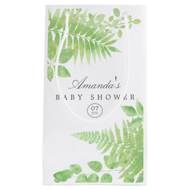 Sacola Para Presentes Pequena Chuva de Verde Baby Shower em Aquarela (Frente)