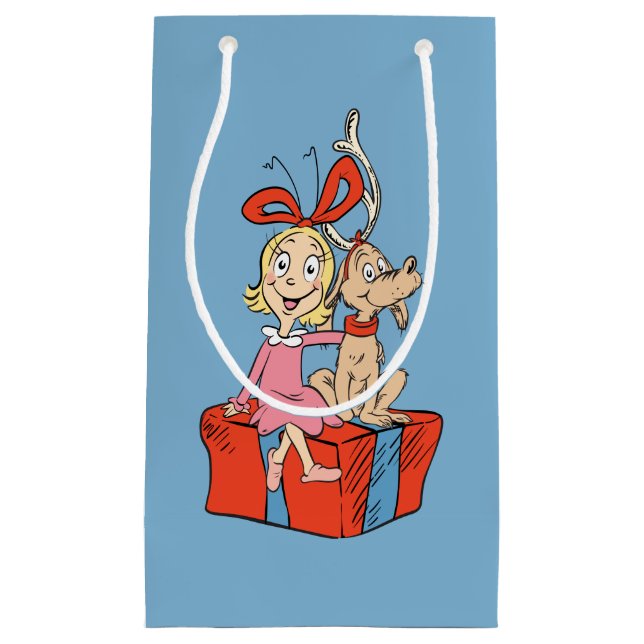Sacola Para Presentes Pequena Cindy Lou Who e Max em um Presente (Frente)