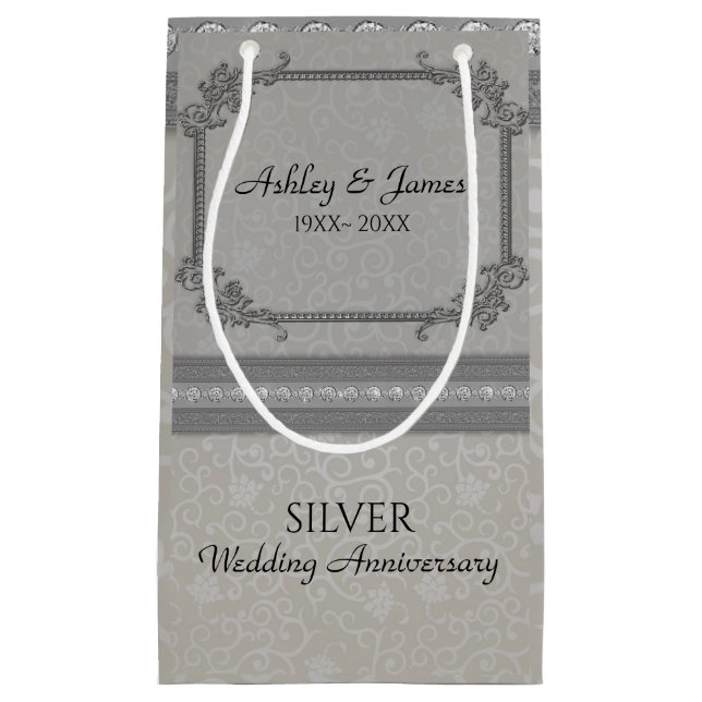 Sacola Para Presentes Pequena Cinza Damask E Diamantes (Frente)