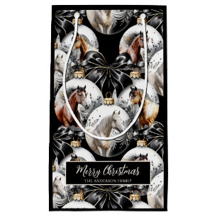 Sacola Para Presentes Pequena Citação de Natal dos cavalos preto e dourado