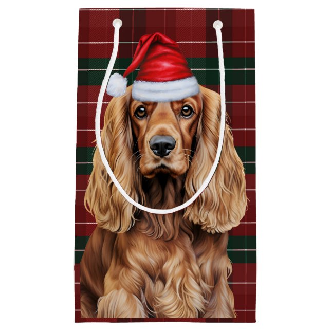 Sacola Para Presentes Pequena Cocker Spaniel Xadrez de Natal Cachorro  (Frente)