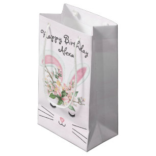 Sacola Para Presentes Pequena Coelhinho de aniversário com flores a rosa