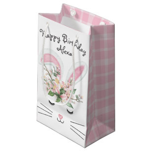Sacola Para Presentes Pequena Coelhinho de aniversário com Flores e Xadrezes