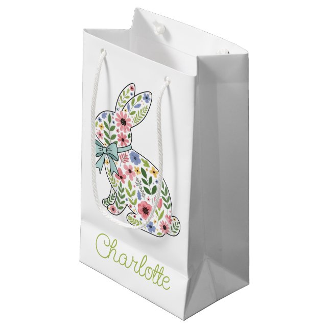 Sacola Para Presentes Pequena Coelho de Páscoa com Flores Silvestres Rosa e Azul (Frente inclinada)