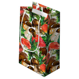 Sacola Para Presentes Pequena Cogumelos aquíferos e padrão verde