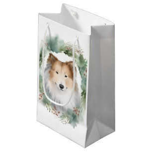 Sacola Para Presentes Pequena Collie Christmas Wreath Festivo Pup