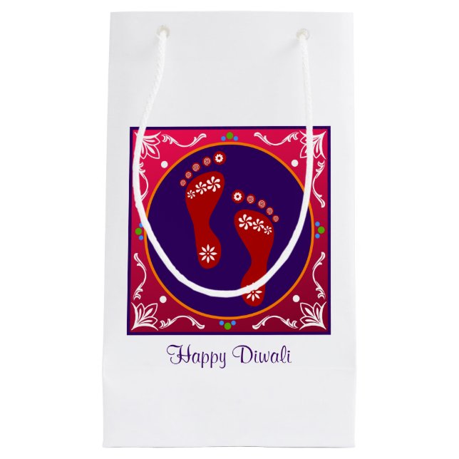 Sacola Para Presentes Pequena Colorida Diwali Rangoli Com Pegada (Frente)