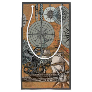 Sacola Para Presentes Pequena Compass Rosa Vintage Navio Octopus Náutico