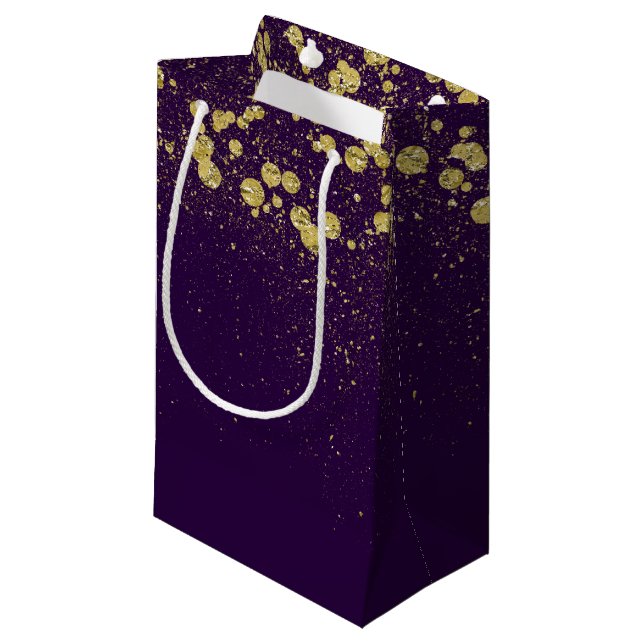 Sacola Para Presentes Pequena Confetti Dourado com brilho em roxo (Frente inclinada)