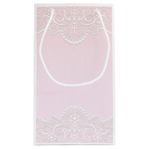 Sacola Para Presentes Pequena Cor-de-rosa, rendas brancas, religião