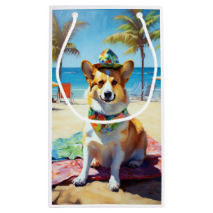 Sacola Para Presentes Pequena Corgi on Beach, presente de verão para amantes de