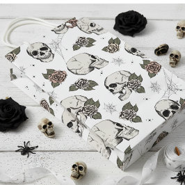 Sacola Para Presentes Pequena Crânios e Rosas Góticos Pretos e Brancos no Hallow